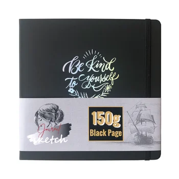 8X8 İnç Siyah Kağıt Kare Eskiz Defteri Dergisi 150Gsm Kalın Boş 160 Sayfa, sahte PU Deri Ciltli Sanatçı Kroki İçin