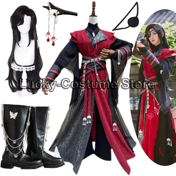Anime Tian Guan Ci Fu Cosplay Hua Cheng Kostüm Siyah ve Kırmızı Kıyafetler Hanfu Tam Set Cennet Resmi erkek Korusun Huacheng Cos Peruk