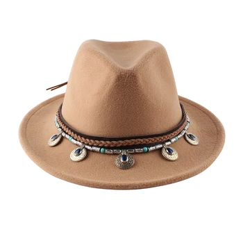 Caz şapka sonbahar kış vintage dokulu şapka bayan moda deri kemer toka yün şapkalar kovboy şapkası renkli klasik resmi