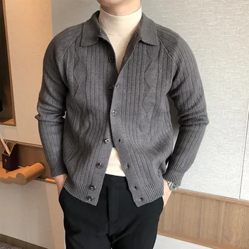 Kore Vintage Örgü Hırka Erkekler Yaka Uzun Kollu Düz Renk Kazak Ceket Erkek Bahar Sonbahar Moda Rahat Hırka