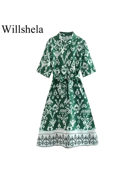 Willshela Kadın Moda Baskılı Midi Elbise Kemer Vintage Kısa Kollu Tek Göğüslü Yaka Boyun Kadın Şık kadın elbiseleri