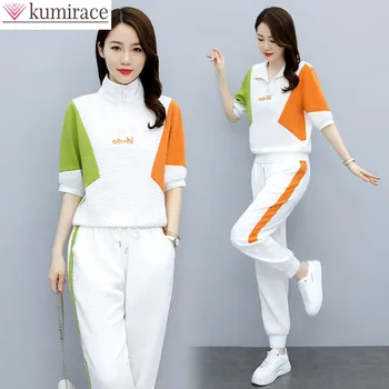 2022 Yaz Yeni Kore Rahat spor elbise Kadın Kısa Kollu Üstleri Pantolon Takım Elbise İki Parçalı Set kadın Eşofman