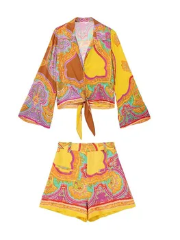 TRAF Kadın Şort 2 Parça Setleri Bayan Kıyafetler 2023 Yeni Moda Baskı Düğüm Bluz Takım Elbise + Rahat Şort İki Adet Set Kadın