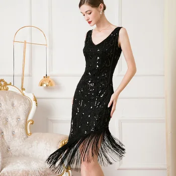 2022 Yeni Kadın 1920s Vintage V Yaka Sineklik Saçak Boncuklu Great Gatsby Parti Kokteyl Elbise Boyutu S-XL