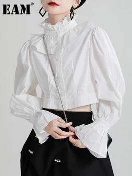 [EEM] Kadınlar Beyaz Kısa Bluz Yeni Standı Yaka Uzun Fener Kollu Gevşek Fit Gömlek Moda Gelgit Bahar Sonbahar 2023 1DE1740