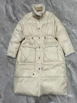 Lüks Vizon Tüy şişme ceket kadınlar Kış Uzun Diz Üzerinde Yumuşak Parkers İnce 90 % Beyaz Ördek Aşağı Kar Kirpi Ceket