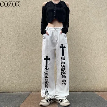 Beyaz pantolon kadın Yüksek Sokak Baskılı Düz Kot Pantolon Gevşek Yüksek Bel Zayıflama Geniş Bacak Pantolon Gelgit Streetwear Kadın