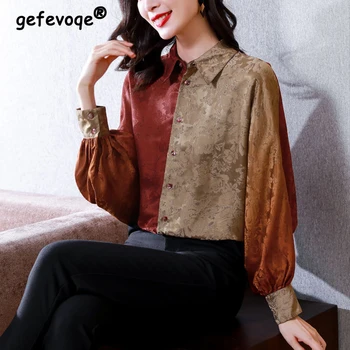 Vintage Zarif Moda Çiçek Baskı Büyük Boy Ofis Gömlek kadın Rahat Patchwork Yaka Uzun Kollu Sokak Bluz Üst Blusas