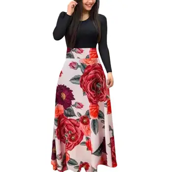 Parti Kadın Elbise Çiçek Leopar Baskı Patchwork Uzun Kollu Büyük Salıncak Maxi Elbise Elbise Zarif Elbise Kadın Vestidos