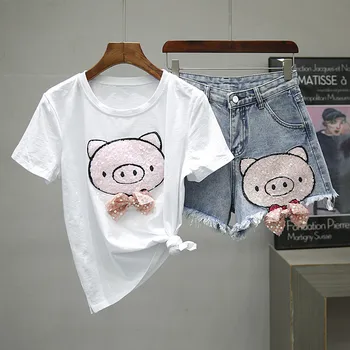 kadın yaz 2 parça set sequins karikatür domuz baskı kısa kollu tişört ve kot şort takımı