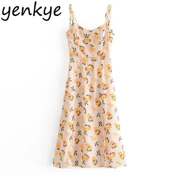 Yaz elbisesi Kadın Limon Baskı Spagetti kemerli elbise Kadın Kolsuz Hem Yarıklar A-line Midi şifon elbise Seksi elbise