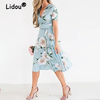 Çiçek Baskı Mini Elbiseler Kadınlar için V Boyun Fırfır Casual Parti Plaj Sundress Uzun Kollu Estetik Elbise yaz elbisesi Kadın 2022