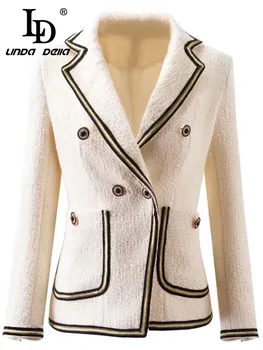 LD LINDA DELLA Pist Tasarımcısı Sonbahar Kış Tüvit Ceketler Ceket kadın Uzun kollu Cepler Ince Palto Dış Giyim