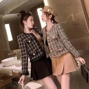 Sonbahar Kış Moda Kore Chic Vintage Tüvit Yün Ceket Ceket Ekose Püskül Giyim Zarif İnce Streetwear Palto Kadınlar