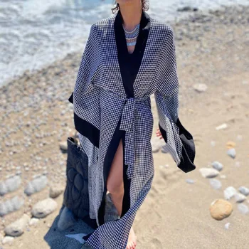 Bohemian Ekose Baskı Uzun Mayo Cover Up Kadın Mayo Kimono Dış Giyim 2022 Plaj Pareo Hırka Plaj Takım Elbise