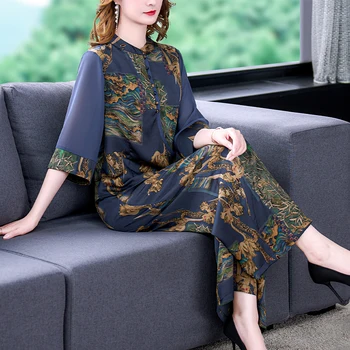 Retro İpek Baskı Kadın Takım Elbise Geniş Bacak pantolon 2022 İlkbahar Ve Yaz Yeni Gevşek Kısa Kollu Moda İki Parçalı Set