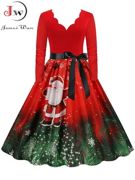 Kadın Noel Elbise Uzun Kollu V Yaka Zarif Vinatge Parti Kostümleri Kış Yeni Yıl Giyim S ~ 3XL