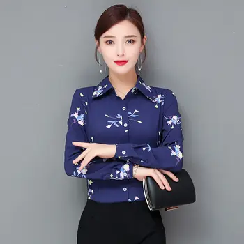 2021 Yeni Bahar Sezonu kadın Uzun Kollu Gömlek Kore Versiyonu Slim Fit bayan Baskılı Şifon Üst Mavi Çiçek Bluzlar