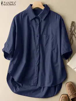 2022 ZANZEA Rahat Zarif Tatil Blusas Düz Renk kadın Bluz Kısa Kollu Yaka Gömlek Streetwear Kadın Gevşek İş Üstleri