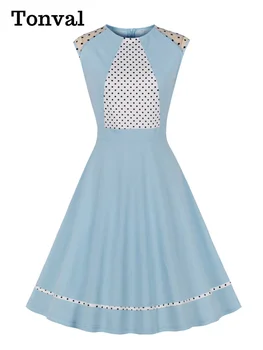 Tonval Açık Mavi ve Beyaz Polka Dot Kolsuz Pinup askı elbise Vintage Stil Kadın Yaz O-Boyun Zarif Parti Elbiseler