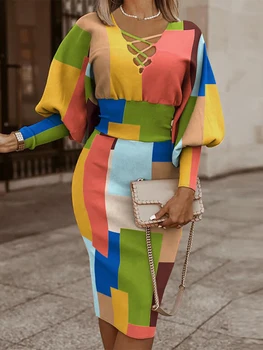 Sonbahar Kış Kadınlar İçin Yeni Baskılı O Boyun Yarasa Uzun kollu Elbise İnce Bel Paketi Kalça Kadın Mizaç Renk Adım Elbise 2022