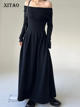 XITO Kapalı tek omuzlu elbise Örme Siyah Kazak Tam Kollu Pilili Tanrıça Fan Düz Renk Azınlık Gevşek Elbise SMH1113