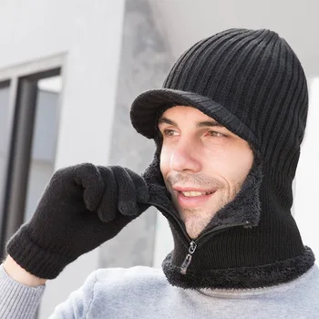 Erkek Kış Örme Şapka Sıcak Kalın Eklemek Kürk Astarlı bere şapkalar Fermuarlı Tutmak Yüz İsıtıcı Balaclava Kapaklar Kayak Kap