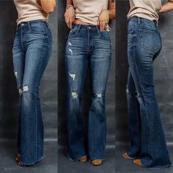 Yüksek Bel Vintage Esneklik Düz Kot Moda Retro Rahat Yırtık Fil Bacak Denim Mavi Pantolon Giyim Sıkıntılı Alt