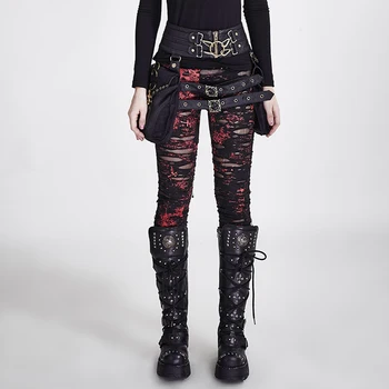 PUNKRAVE kadın Tayt Gotik Kırık Örgü Tayt Kişilik Moda Günlük Sıska Uzun pantolon