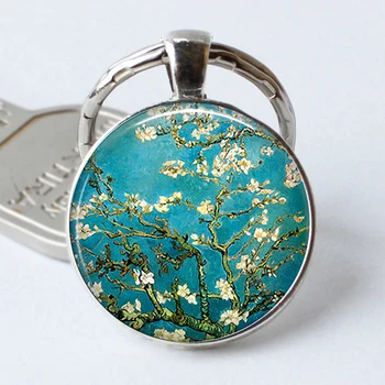 Van Gogh Badem Şube Çiçek anahtarlık Van Gogh sanat anahtarlık cabochon cam Van Gogh anahtarlık yüzük moda hediye