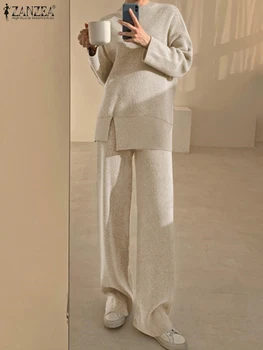 ZANZEA Eşleşen Eşofman Setleri Kadın Gevşek Vintage Takım Elbise 2 ADET Düzensiz Bluz Pantolon Katı Elastik Bel Uzun Pantolon Büyük Boy