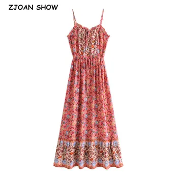 2021 Bohemia Pembe Çiçek Baskı Spagetti kemerli elbise BOHO Kadın Lacing up Ayarlanabilir Bel Sling Midi Uzun Elbiseler Tatil Elbise