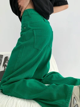 HOUZHOU Yeşil Şalvar Kot Y2K Estetik Kadınlar Boy Kore Moda Streetwear Geniş Bacak Kot Pantolon Vintage Pantolon Pantalone