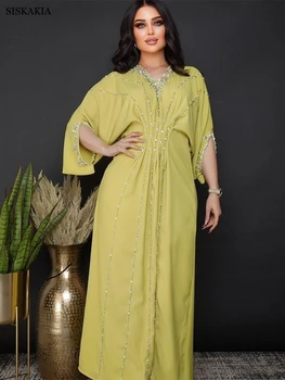 Elbise Kadınlar için Arapça Dubai Türkiye İslami Giyim Yaz 2022 Yeni Düzeltme Elmas V Boyun 3/4 Kollu Ramazan Bayram Djellaba Parti