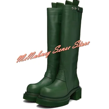 Yeni Yeşil Deri Erkek Botları Orta Buzağı Katı Yuvarlak Ayak Tıknaz Topuklu Sonbahar Kış Erkek parti ayakkabıları Üzerinde Kayma Büyük Boy erkek Çizme