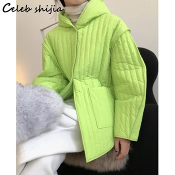 Yeşil Kapşonlu Pamuklu Ceket Kadın Kış Şık Tek Göğüslü Kore Moda Yeşil Çizgili Mahsul Ceket Kadın Sonbahar Outerfit 2022