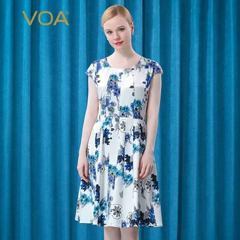 【Seckill】 VOA Renkli O-boyun Basit Ofis yazlık bayan elbise Zarif Çok Parçalı Eklenmiş Zarif İpek Midi Elbiseler Kadın AT3