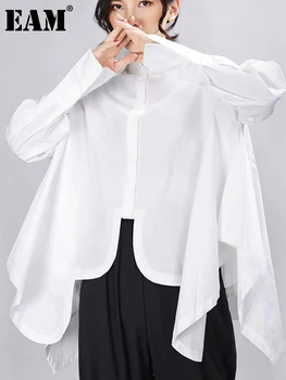 [EEM] Kadın Pilili Büyük Boy Düzensiz Bluz Yeni Yaka Uzun Kollu Gevşek Fit Gömlek Moda Gelgit Bahar Sonbahar 2023 1A332
