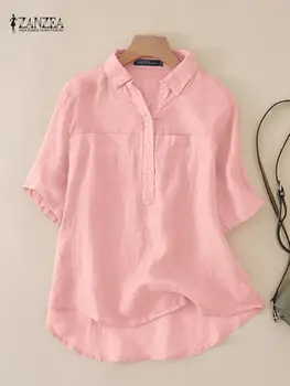 Kadın pamuklu bluz 2022 ZANZEA Yaz Yaka Boyun Kısa Kollu Gevşek Gömlek Moda Kadın Blusas Chemise Casual Katı Tunik Üstleri