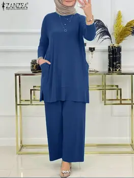 ZANZEA Moda Eşofman Kadın Uzun Kollu Bluz Pantolon Takım Elbise İslam Giyim 2 ADET Müslüman Setleri Sonbahar Katı Abaya Kıyafetler