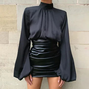 SKMY kadın kıyafetleri 2021 Sonbahar Ve Kış Seksi İnce Düz Renk Beyaz Kırpma Üst Düzensiz PU Dantelli Siyah Mini Etek 2 parça Set