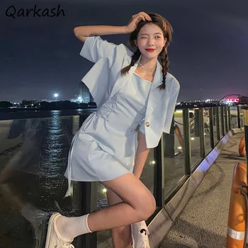 Setleri Kadınlar Tatlı Tunik Kore Katı Mini Elbise Bitkileri Çentikli Mizaç Yaz Tek Düğme Moda Serin Blazer Kadın Kıyafeti