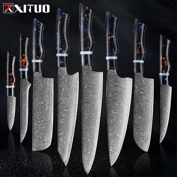 XITUO Mutfak Bıçakları Seti Japonya VG10 Şam Çelik 1-8 adet şef bıçağı Hediye Keskin Tam Tang Dilimleme Cleaver Santoku Yardımcı Araçlar