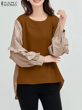 ZANZEA Bohemian Şerit Baskılı bluz Sonbahar Tam Kollu O-boyun Kontrast Renk Gömlek Kadın Moda Rahat Zarif Üstleri 2022