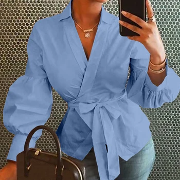 Celmia 2023 Moda Kadın Bluz Zarif Fener Kollu Tunik Gömlek Yaz Casual Kuşaklı Katı Seksi v Yaka Zarif Blusas Tops