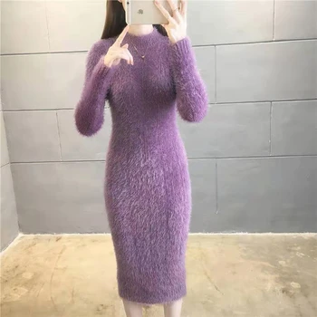 Kadın Kış Giyim 2023 Taklit Vizon Yün Kalın Sıcak Balıkçı Yaka Kazak Elbise Kılıf Bodycon Elbiseler Kadınlar İçin Rahat