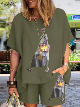 Kadın Kısa Kollu Bluz Takım Elbise 2 Parça Setleri ZANZEA Yaz Rahat Plaj Kısa Setleri Gevşek Baskılı Eşofman Kıyafet Eşleşen Setleri