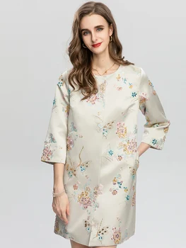MoaaYina Tasarımcı Sonbahar Kış Uzun Ceket Kadın 3/4 kollu Tek göğüslü Çiçekler Jakarlı Boncuklu Moda Vintage Dış Giyim