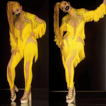 Uzun Kollu Hollow Out Sarı Baskı Kadın Püskül Tulumlar Sıkı Streç Sürükle Kraliçe Kıyafet Performans Kostüm Bayanlar Gece Kulübü
