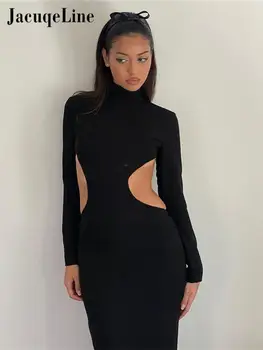 Jacuqelıne 2022 Siyah Zarif Backless Bodycon Elbise Seksi Kadın Parti Sonbahar Kış Uzun Kollu Cut Out Maxi Elbise Kulübü Kıyafetleri